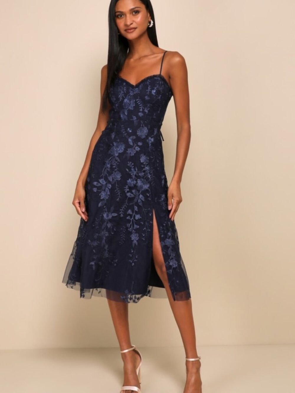 Lulus Charmingly Sophisticated Navy Blue Tulle Embroidered Midi Dress - Size M